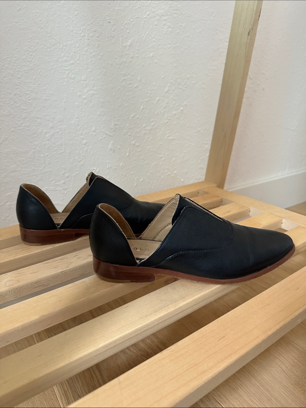 Nisolo Black Leather D'Orsay Flats with Brown Sole